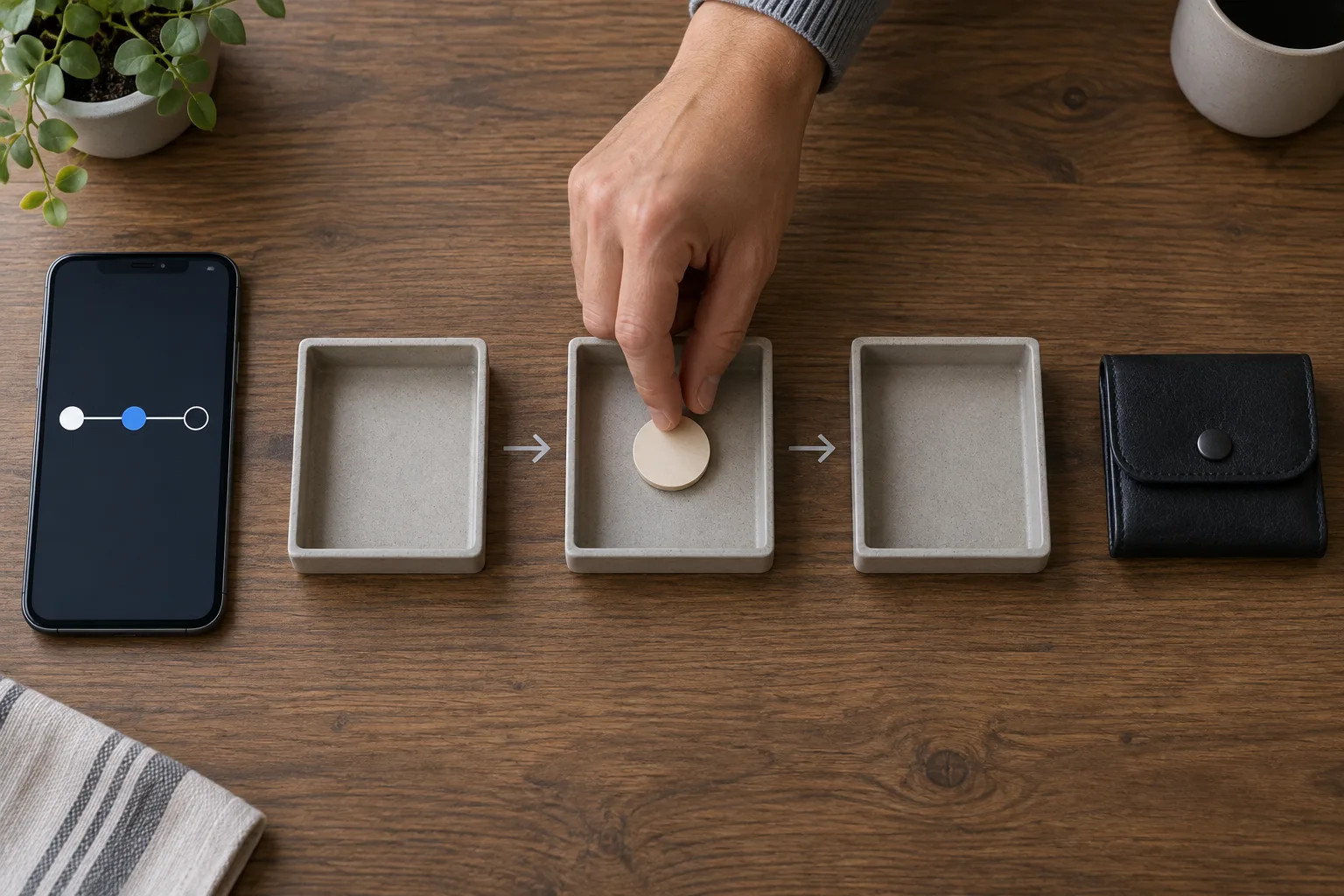 A cropped hand moving one plain token through three separate shallow trays, The token sits in the middle tray while the