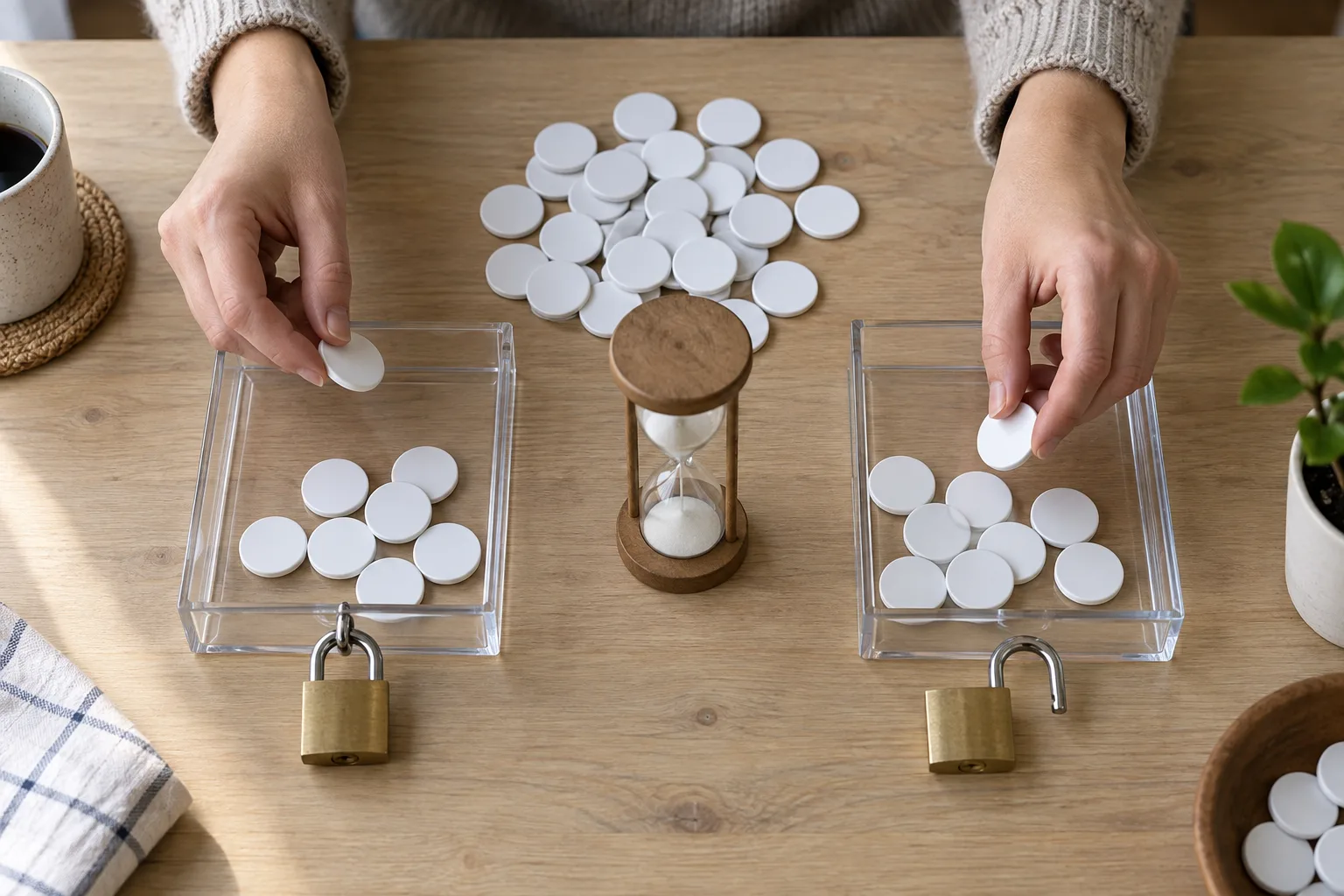 Anonymous hands sorting identical blank gaming tokens, The hands divide tokens between a locked promotional tray and an