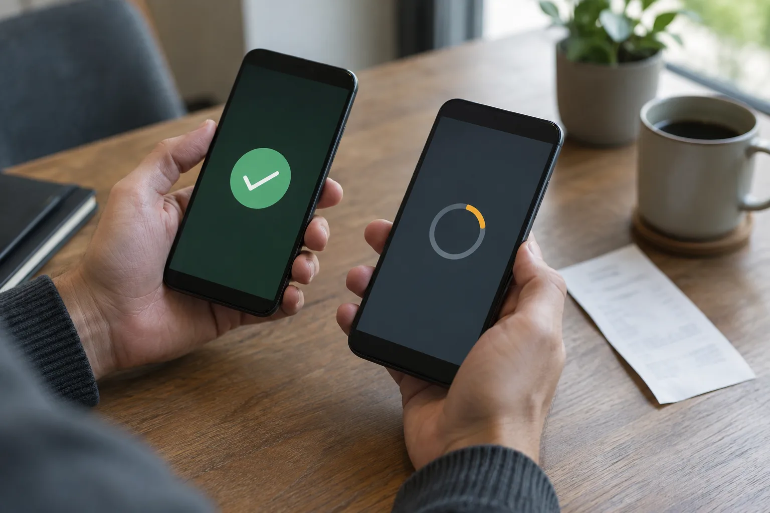 An unidentified person's hands holding two phones side by side, The person compares the completed payment state with the
