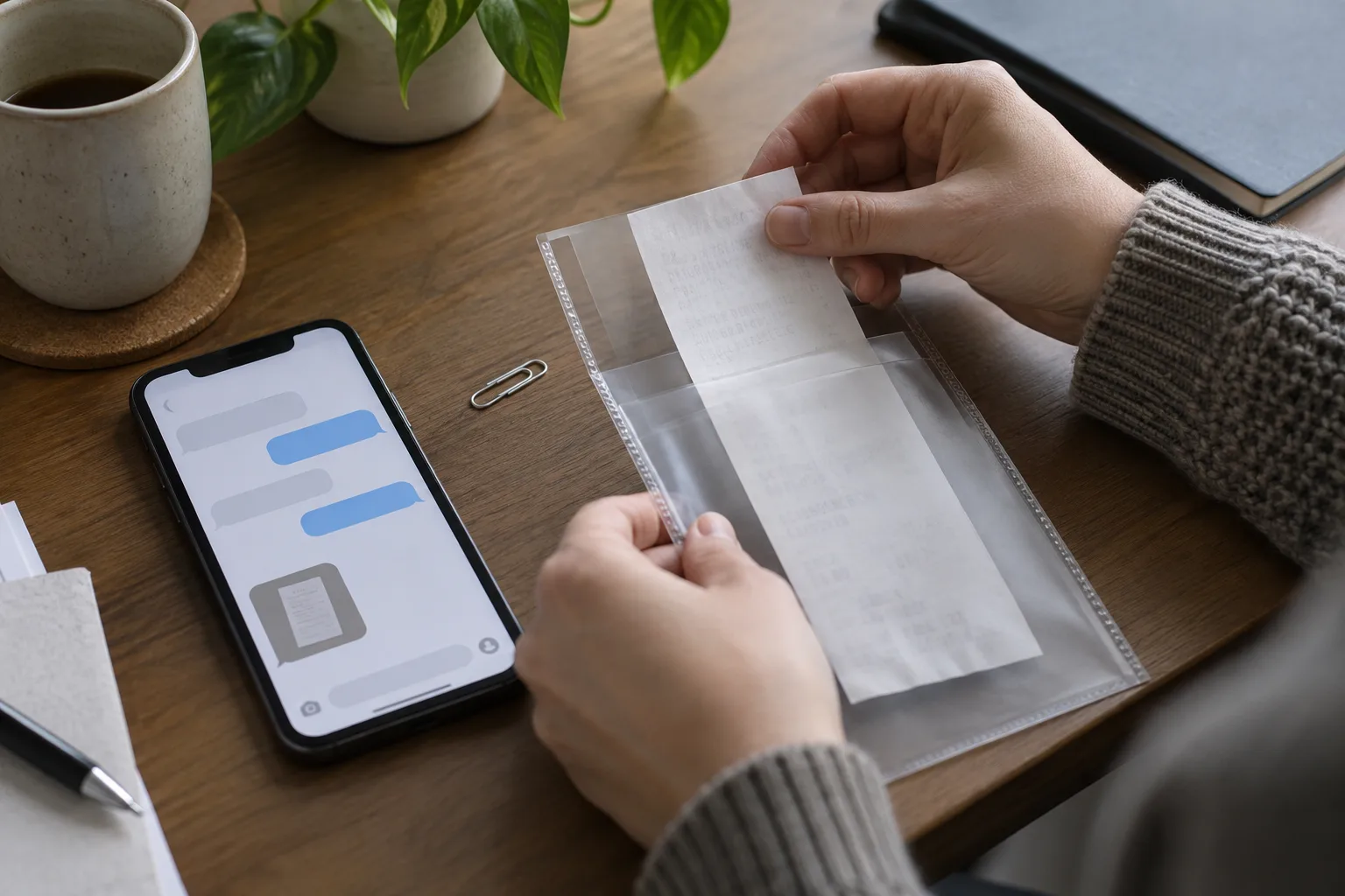 A hand arranging evidence for a follow-up, The hand places the receipt beside the existing conversation before adding it to