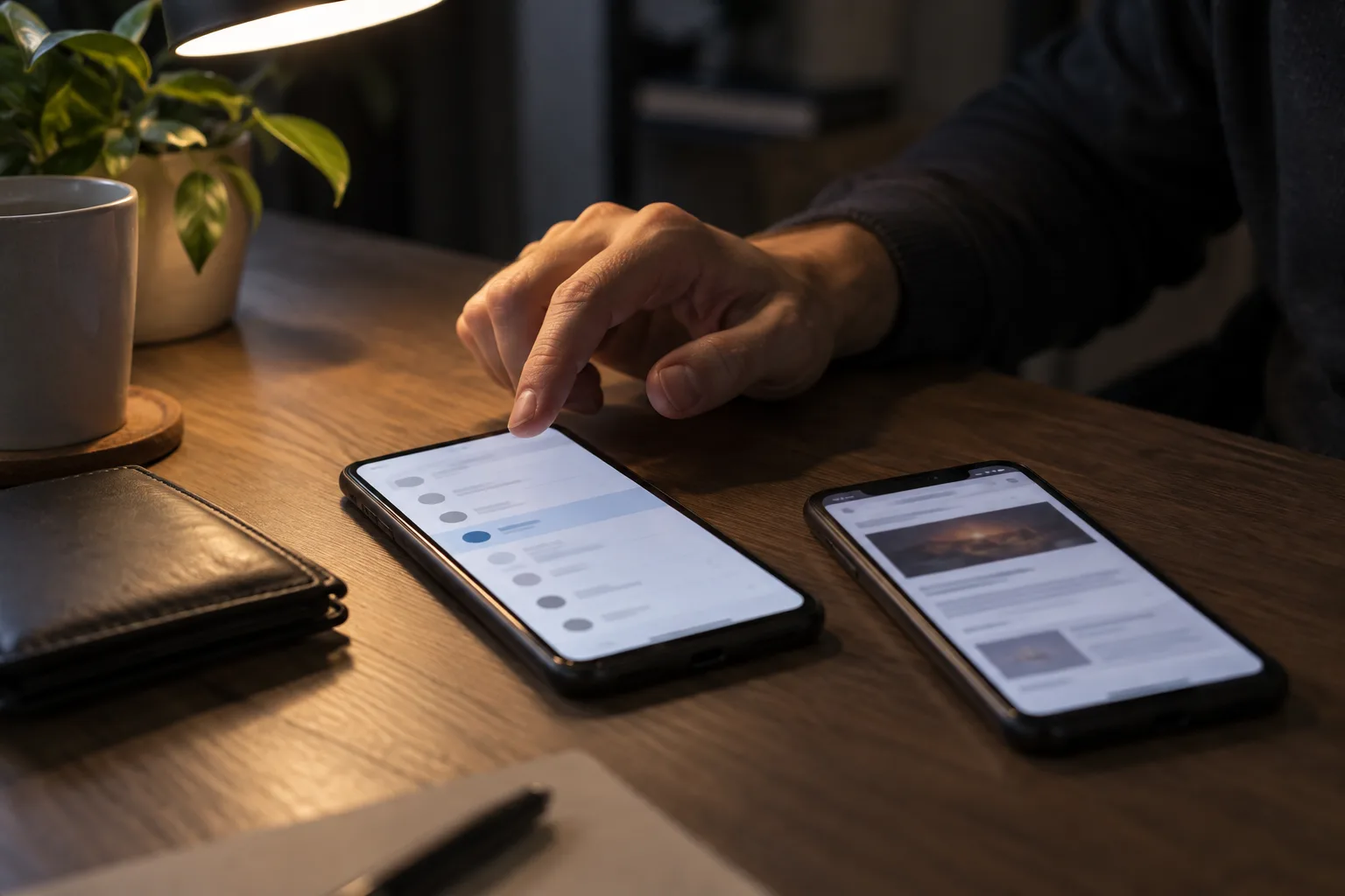An unidentifiable person's hand paused above a phone payment confirmation, The hand holds back from confirming while