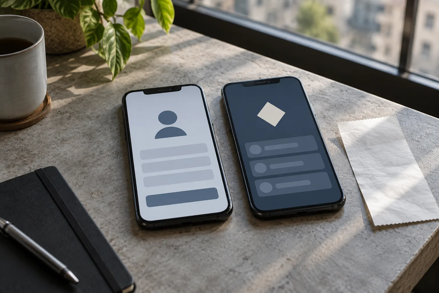 Two phones viewed from above with no people visible, The two screens are positioned side by side so the mismatched recipient