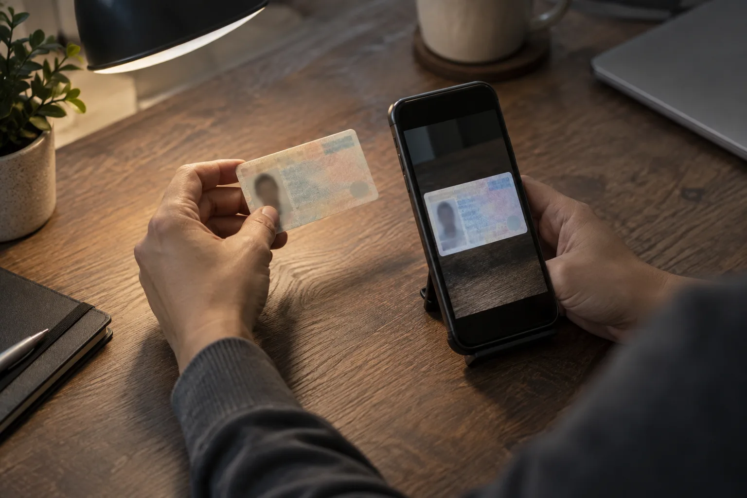 An adult’s hands adjusting a generic card under a desk lamp, One hand tilts the card until glare disappears from the phone’s