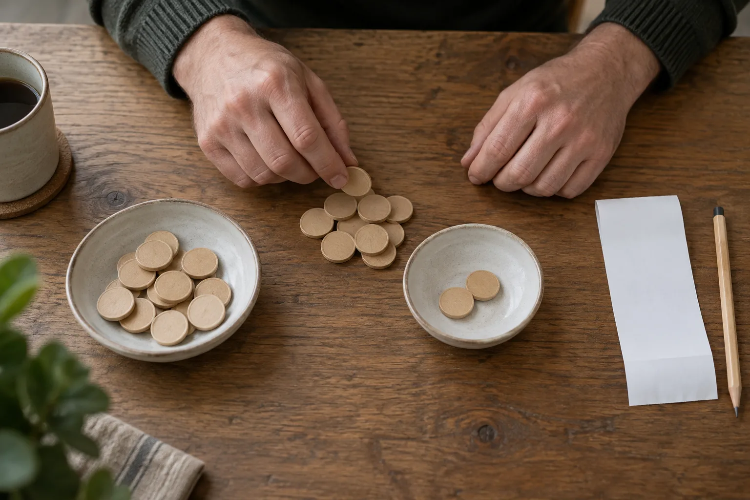 Hands separating a small payout into a larger received portion and a smaller fee portion, The hands move a few tokens away