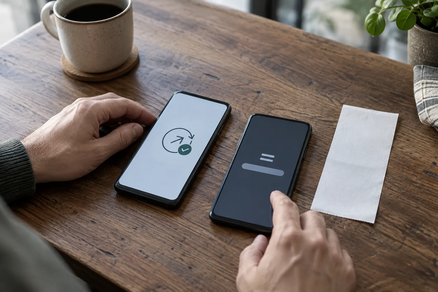 An unidentified person's hands comparing payment states, The person compares the two screens before making another payment