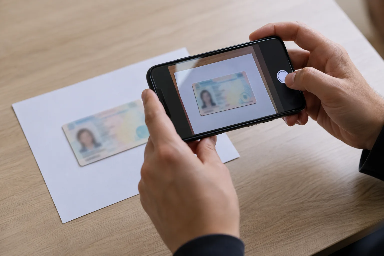 An adult's hands photographing a generic ID card, The hands adjust the phone angle so glare moves away from the card before