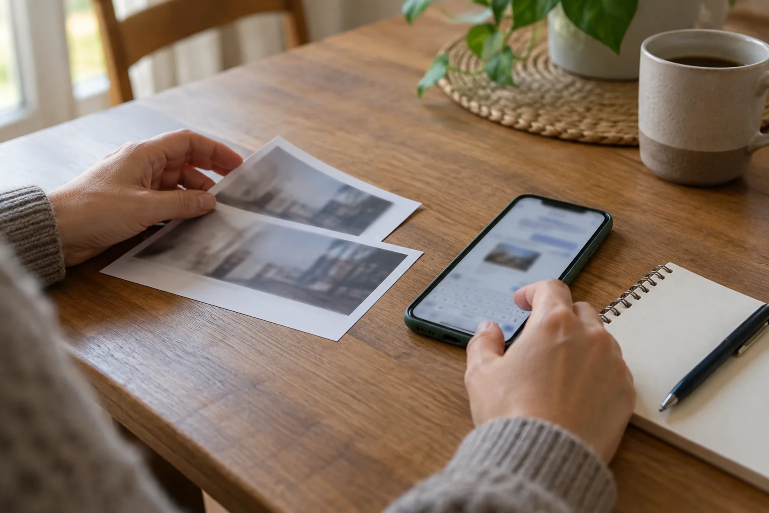 Hands arranging evidence for one support case, One hand places the two record images beside the phone while the other