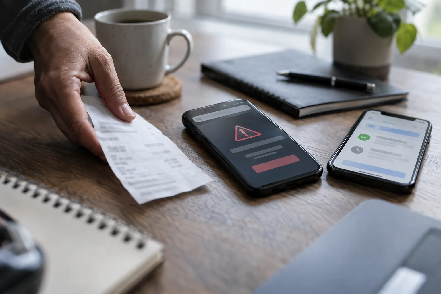 An anonymous hand arranging evidence beside a phone, The hand places the receipt beside the suspicious browser view while a